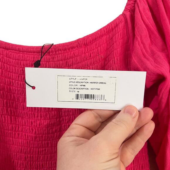 NWT Rhode Resort Harper Printed Smocked Midi Dress Size M Hot Pink Puff Sleeves - Picture 6 of 11